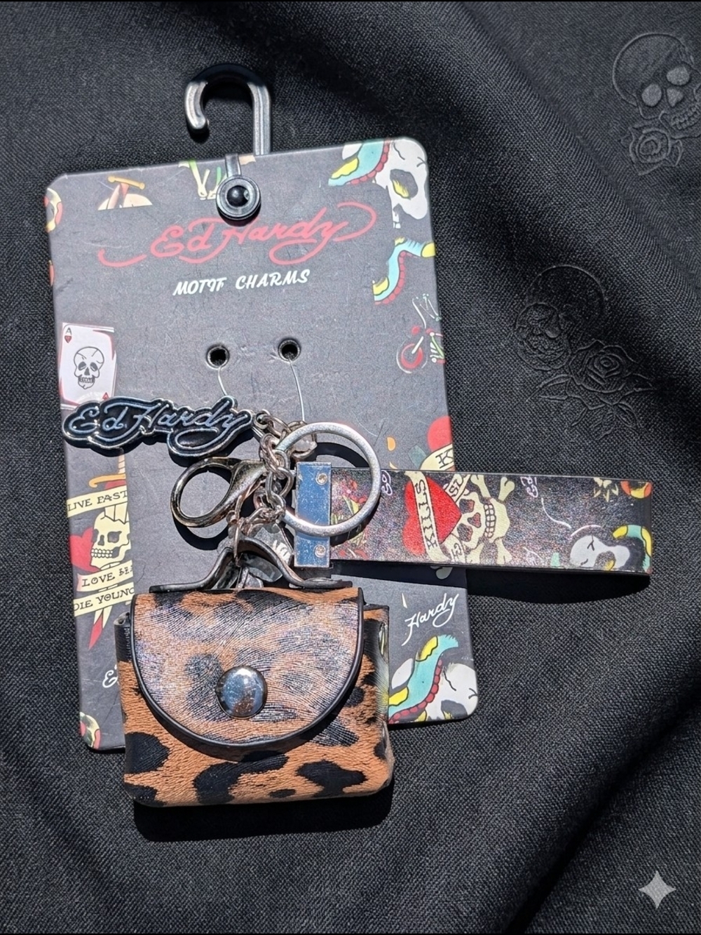 Ed Hardy Leopard Print Mini Pouch & Tattoo Graphic Wristlet Motif Charms NWT